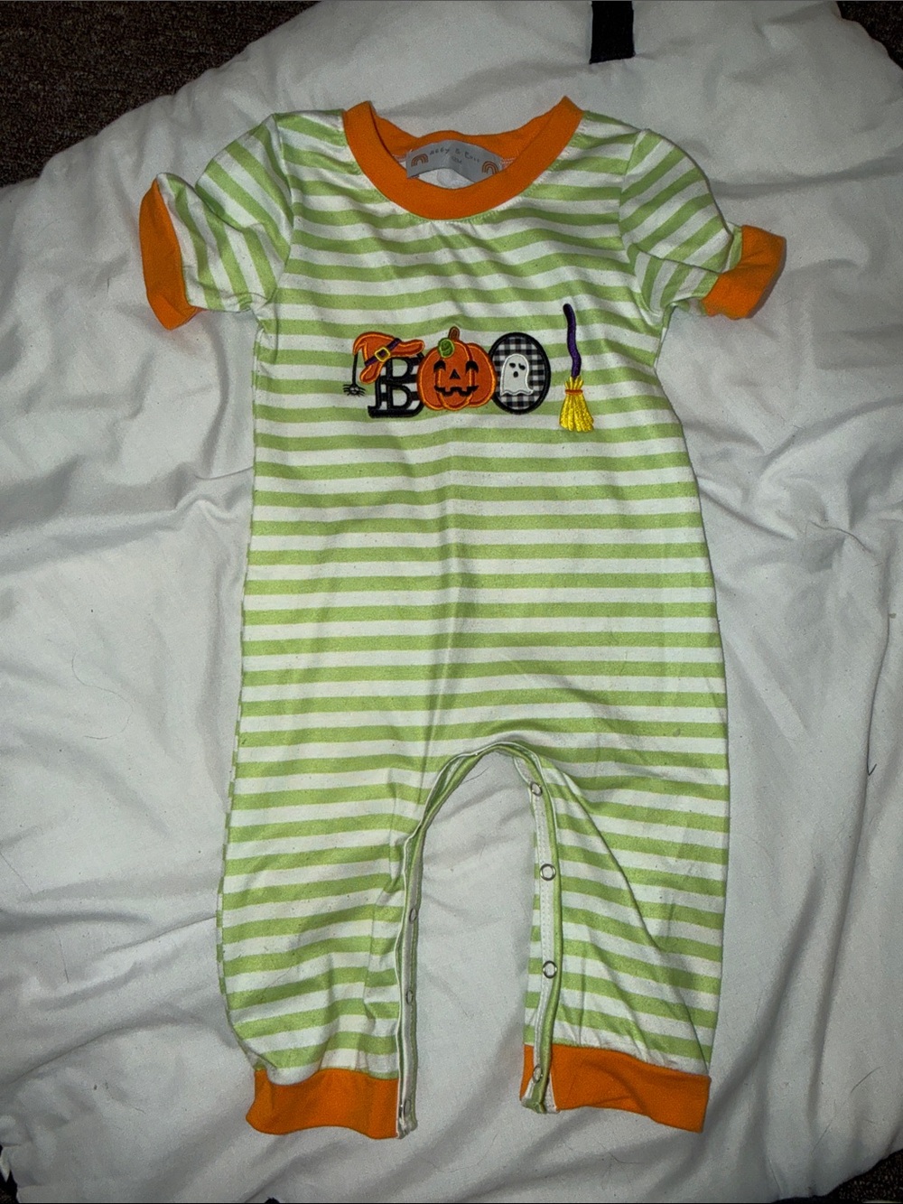 Orange-Trim Green & White Striped Halloween Baby One-Piece Bodysuit